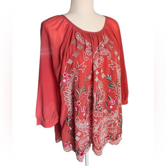 Soft Surroundings Embroidered Peasant Top Boho Long Sleeve Coral Red Medium - Picture 3 of 6